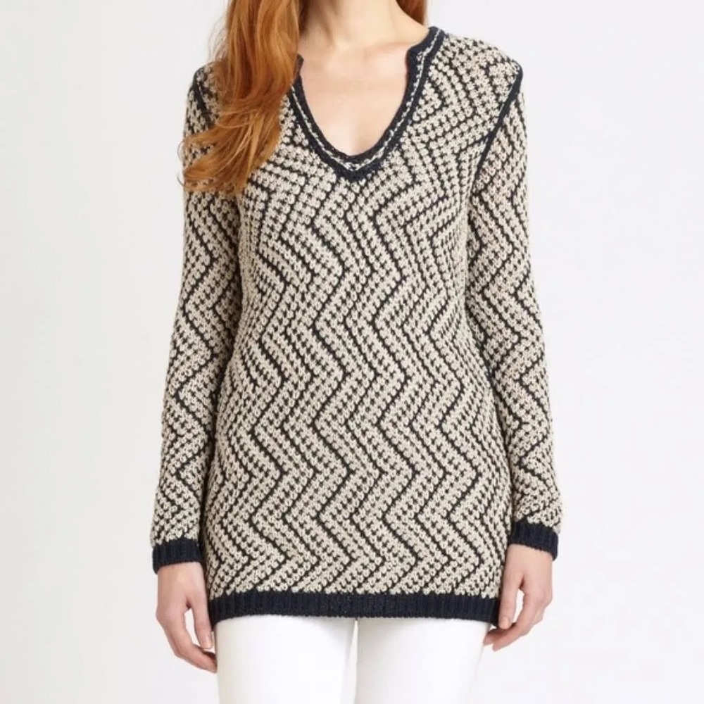TORY BURCH Printed V-Neck Sweater XS - Picture 2 of 4
